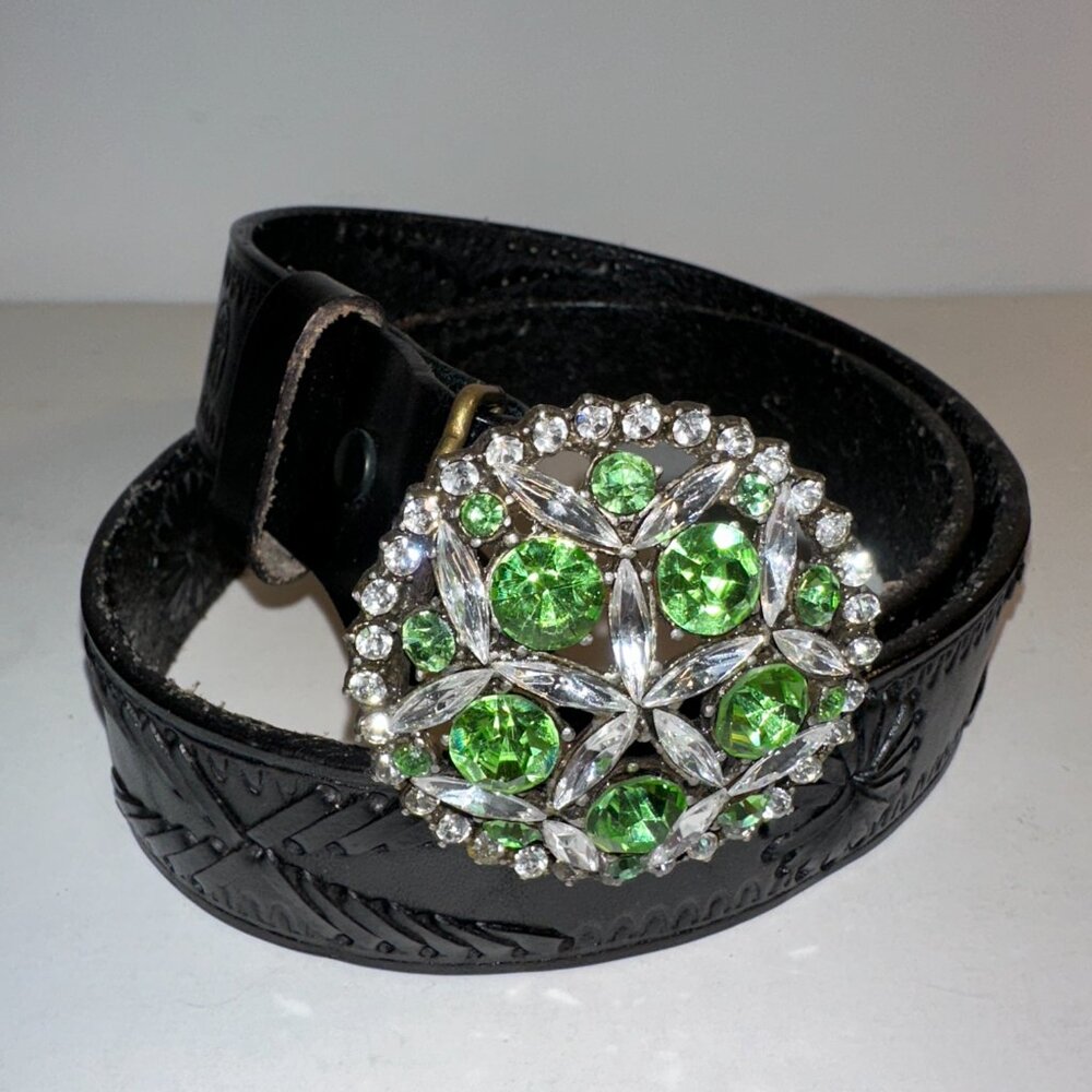 B-Low The Belt Black Leather Rhinestone Embossed Boho Belt Size 34 Floral Buckle